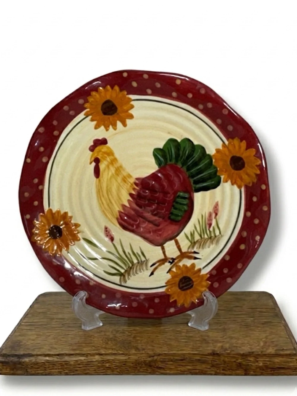 Hand Painted Rooster Sunflowers Decorative Plate Red Cream Yellow Vintage 1990